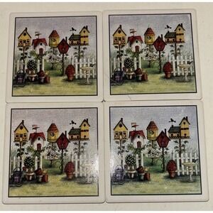 Birdhouse Coaster Set, Absorba Stone, Cork backed Bisque Tile, Set‎ Of 4, Box EC
